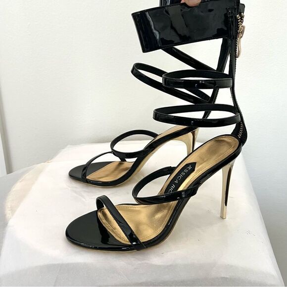 Jessica Rich Goddess Sandal in Black Patent Leather and Gold Heel, Size 37 6.5 - Picture 3 of 7